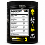 A black plastic tub of nutritional supplement powder with a black lid, featuring a white supplement facts label and yellow graphic icons on the side, including a skull, biohazard symbol, beaker, and warning sign. The brand 'Nutritional Supplement Shop' is visible at the top of the label.