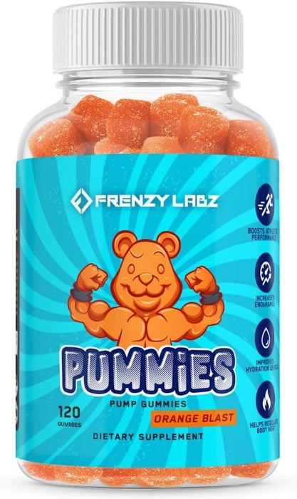 A tall, slim bottle with a light blue label and a black cap, standing against a white background. The label features product branding and text, Frenzy Labz Pump gummies, orange blast flavor,  120 count