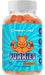 A tall, slim bottle with a light blue label and a black cap, standing against a white background. The label features product branding and text, Frenzy Labz Pump gummies, orange blast flavor,  120 count