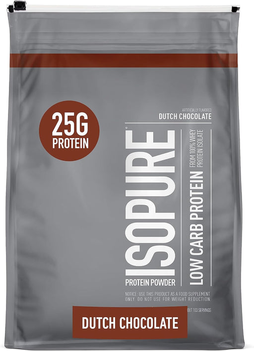 Grey 7.5lb resealable bag with dutch chocolate isopure
