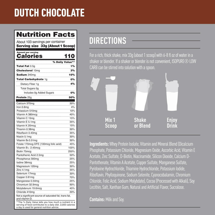 Isopure 7.5lb bag supplement facts for dutch chocolate flavor