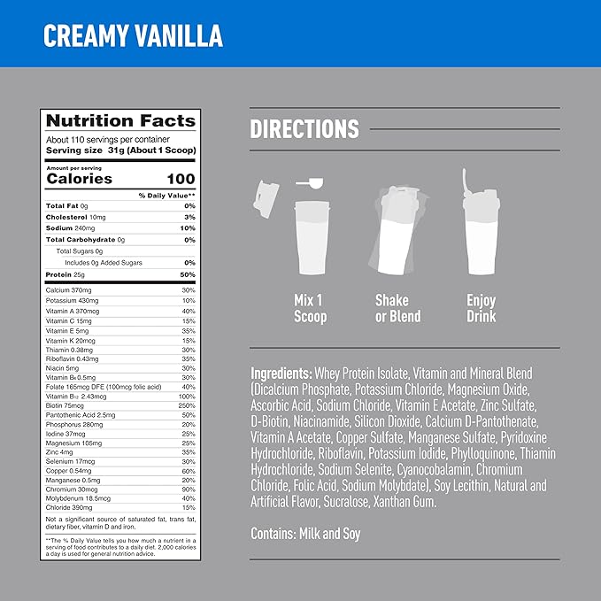 Isopure 7.5lb bag supplement facts for creamy vanilla flavor