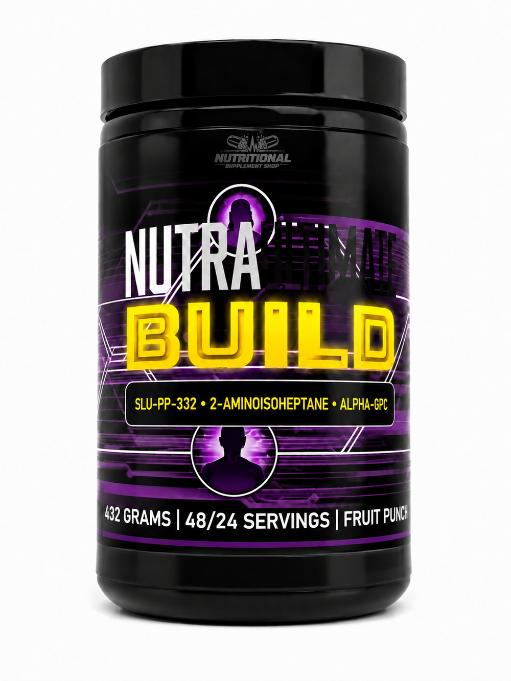 Black supplement container labeled 'Nutra Build' on a white background