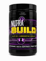 Black supplement container labeled 'Nutra Build' on a white background