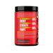  The back of the Dystopia Pre Workout container, highlighting key features: 'Energy 100%, Focus 100%, Power 100%.' The design is bold with a red background and yellow font, keeping the message clear and concise.