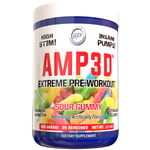 AMP3d Extreme Pre-Workout in Blue Razzberry flavor by Hi-Tech Pharmaceuticals, featuring high stimulant content and ingredients for intense pumps, packaged in a 385-gram container with 25 servings