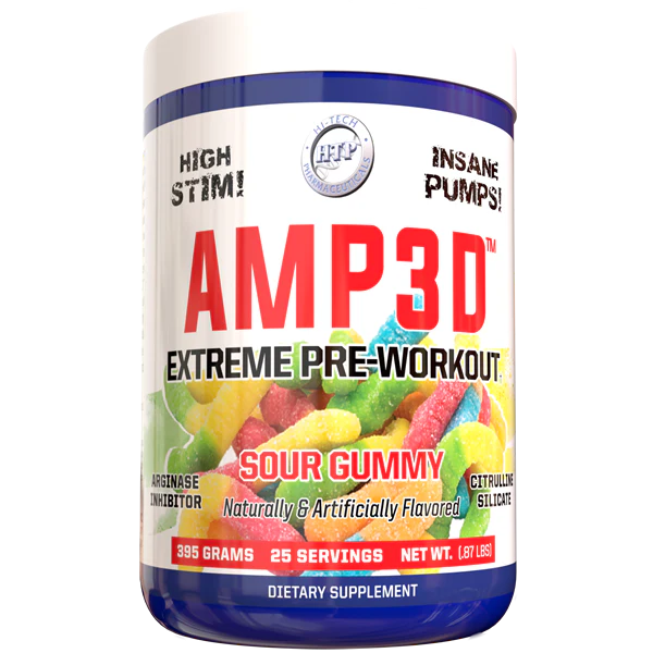 AMP3d Extreme Pre-Workout in Blue Razzberry flavor by Hi-Tech Pharmaceuticals, featuring high stimulant content and ingredients for intense pumps, packaged in a 385-gram container with 25 servings