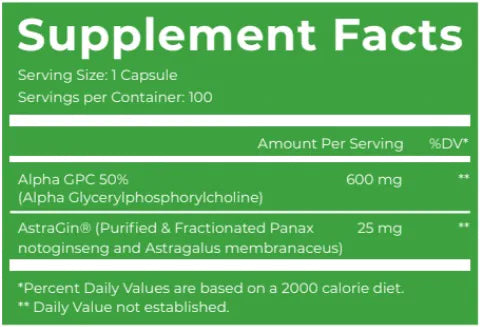 Supplement Facts for Dark Labs Alpha GPC: The supplement facts label for Dark Labs Alpha GPC, showing 600 mg of Alpha GPC and 25 mg of AstraGin® per capsule, with details about serving size and other ingredient information.