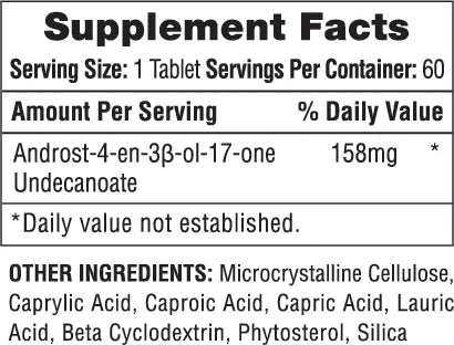 Label showing Supplement Facts for a dietary product. Lists ingredients like Androst-4-en-3β-ol-17-one and various acids, and cellulose.