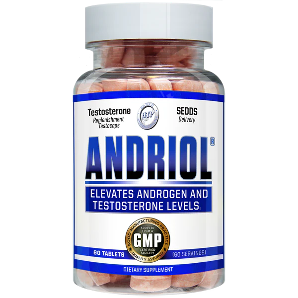 A bottle of Andriol, containing 60 pink tablets. The label states it is a dietary supplement designed to elevate androgen and testosterone levels.
