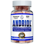 A bottle of Andriol, containing 60 pink tablets. The label states it is a dietary supplement designed to elevate androgen and testosterone levels.