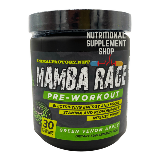 Front view of the Animal Factory Mamba Rage Pre-Workout container in the Green Venom Apple flavor. The label highlights 'Electrifying Energy and Focus,' 'Stamina and Performance,' and 'Intense Pumps.' It also mentions that the container holds 30 servings and is a dietary supplement.