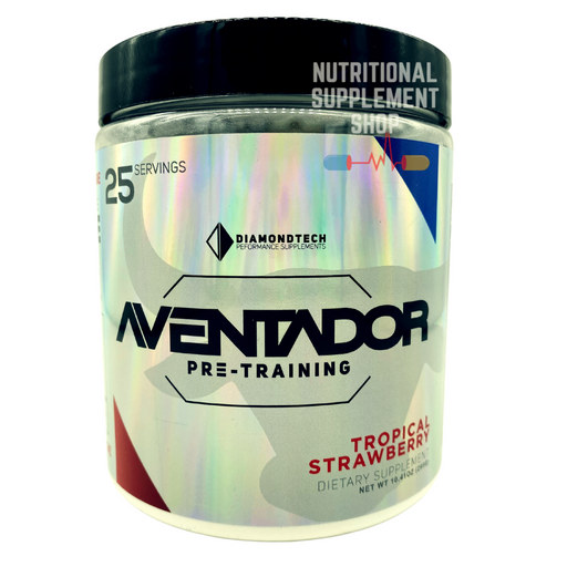 A container of Aventador Pre-Training dietary supplement, featuring 25 servings. The label highlights the flavor "Tropical Strawberry" and the brand "DiamondTech Performance Supplements." The design is metallic with bold text and geometric accents, giving a futuristic aesthetic. The supplement is promoted for pre-workout use.