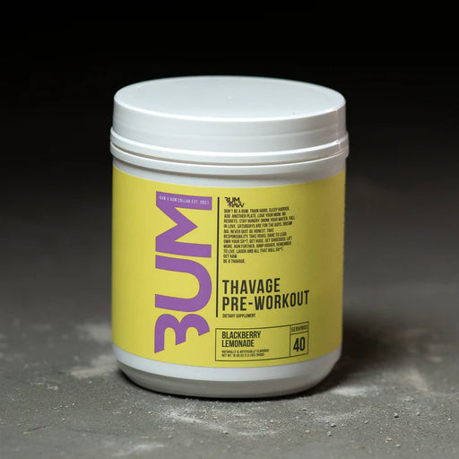 Yellow container of RAW Thavage Pre-Workout in Blackberry Lemonade flavor, featuring Chris Bumstead's signature, with 40 servings.