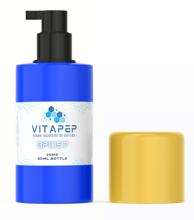 Blue Bottle of topical BPC 157 peptide with pump top and gold cap
