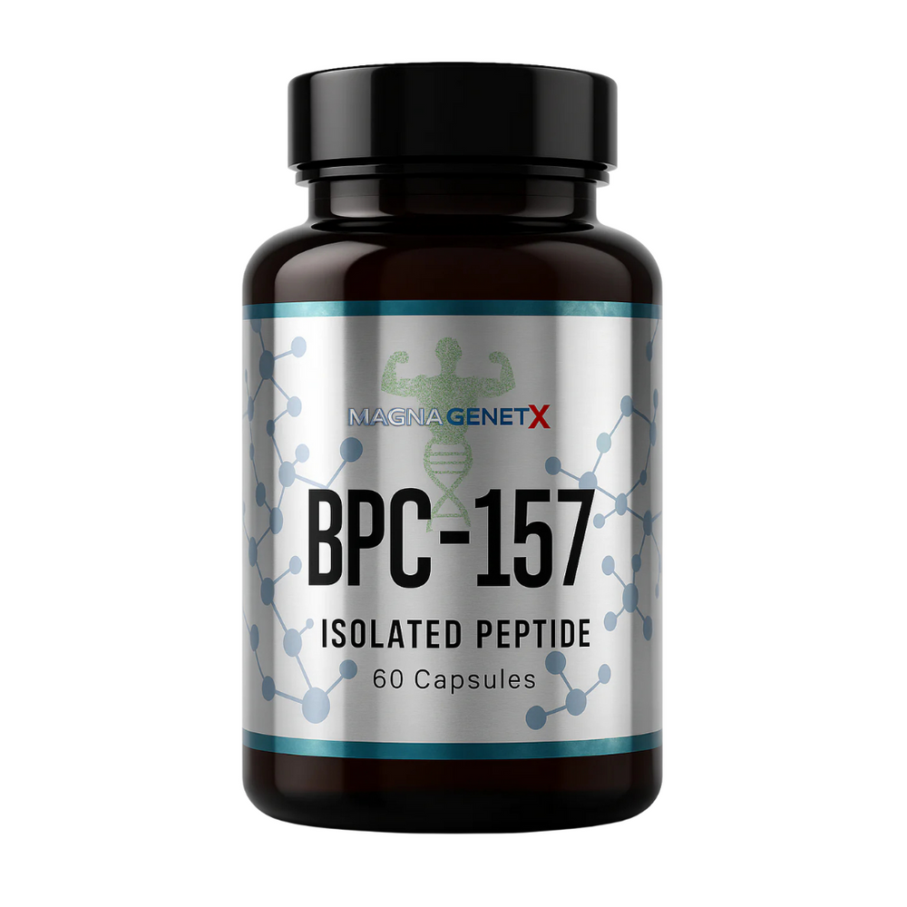 Bottle of BPC-157 isolated peptide capsules with Magna GenetX branding on a white background