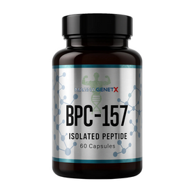 Bottle of BPC-157 isolated peptide capsules with Magna GenetX branding on a white background