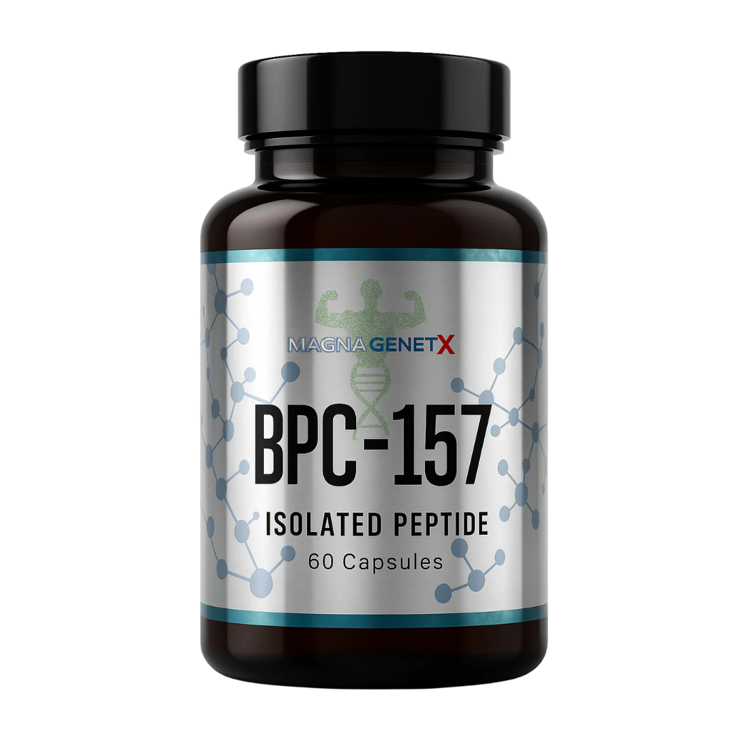 Bottle of BPC-157 isolated peptide capsules with Magna GenetX branding on a white background