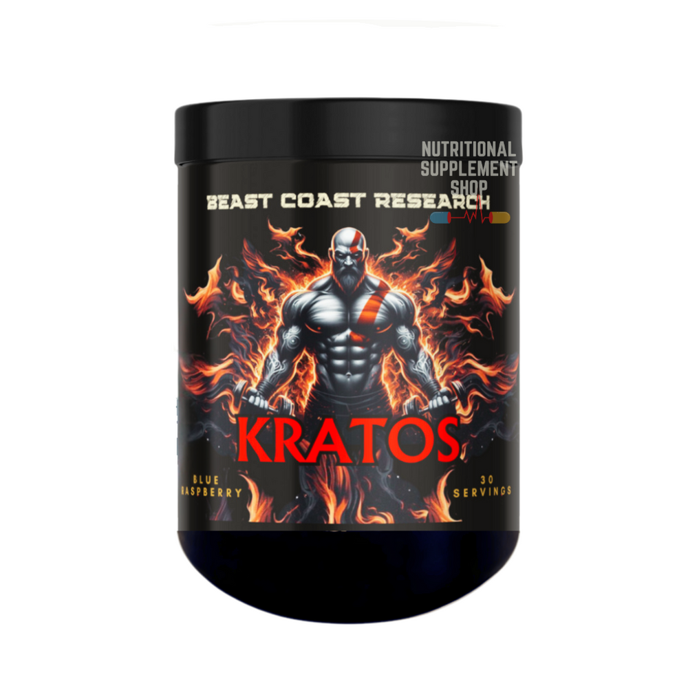 Black supplement container with 'Beast Coast Research' and 'KRATOS' branding on a white background