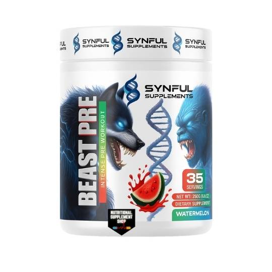 Synful Supplements Beast Pre supplement container with wolf graphics and watermelon flavor indication.