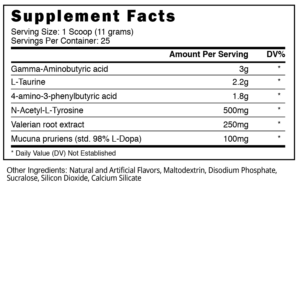 A black-and-white supplement facts panel for Blackstone Labs Anesthetized, detailing serving size, servings per container, ingredients like Gamma-Aminobutyric Acid (3g), L-Taurine (2.2g), and other key components such as Valerian Root Extract and Mucuna Pruriens. The panel includes other ingredients like natural and artificial flavors, maltodextrin, and sucralose, and notes that daily values are not established.