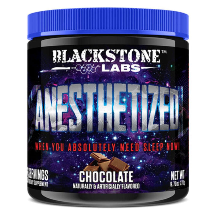 A container of Blackstone Labs Anesthetized, featuring a cosmic-themed design with bold lettering. The tagline reads, "When You Absolutely Need Sleep Now!" The flavor is Chocolate, as noted with an image of chocolate pieces on the label. The container displays 25 servings and a net weight of 9.7 oz (275g), labeled as naturally and artificially flavored.