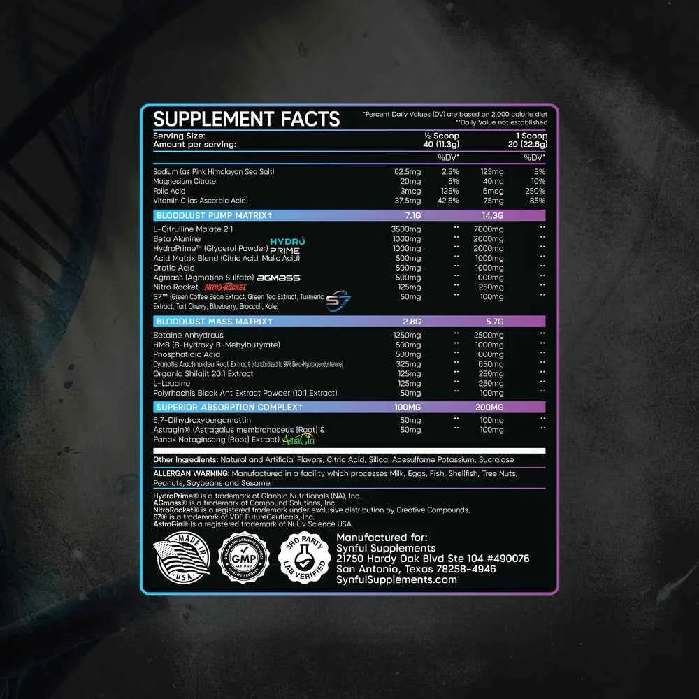 Synful Supplements - Bloodlust Mass - Muscle Building Pre Workout