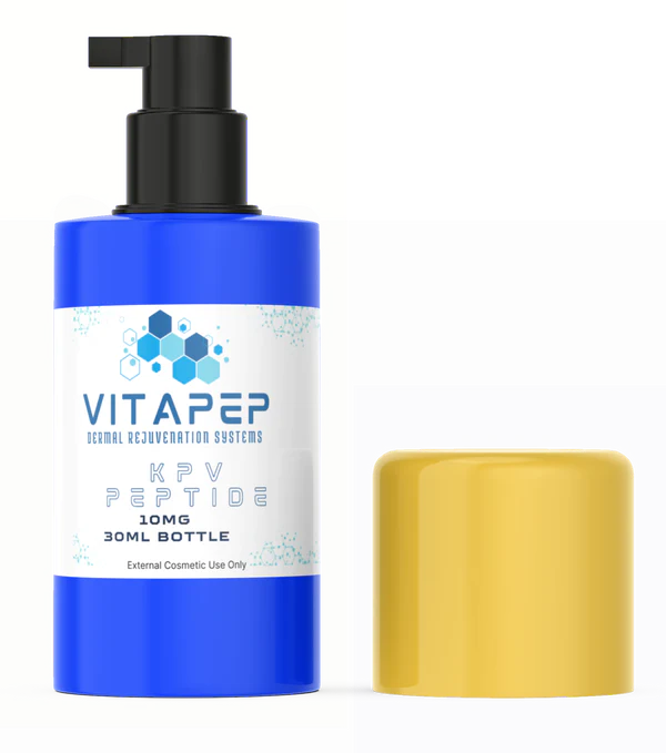 Blue bottle of topical KPV serum peptide with Pump top and gold cap