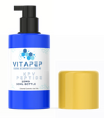 Blue bottle of topical KPV serum peptide with Pump top and gold cap