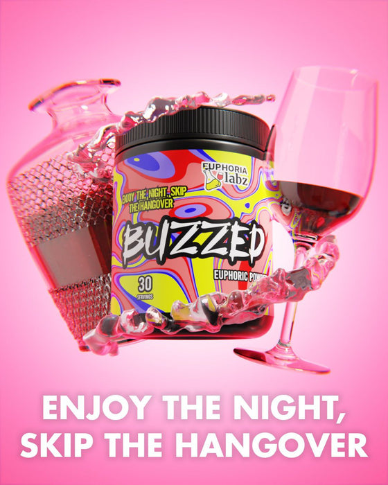 Euphoric Labz - Buzzed jar surrounded by a dynamic scene featuring a wine glass, decanter, and pink liquid splashing. Text reads: 'Enjoy the night, skip the hangover.