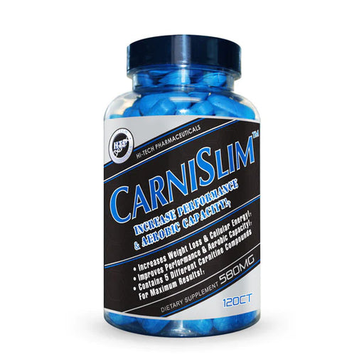 Clear bottle of blue carnislim tablets