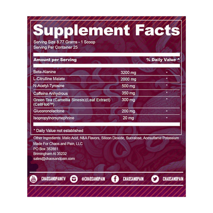 Chaos and Pain Cannibal Riot OG Pre-Workout Supplement Facts: Serving size 8.77 grams, 25 servings per container. Contains 3200mg Beta-Alanine, 2000mg L-Citrulline Malate, 500mg N-Acetyl-Tyrosine, 350mg Caffeine Anhydrous, 300mg Green Tea Leaf Extract (CellFlo6™), 200mg Glucuronolactone, and 20mg Isopropylnorsynephrine. Other ingredients include Malic Acid, Natural & Artificial Flavors, Silicon Dioxide, Sucralose, Acesulfame Potassium. Manufactured by Chaos and Pain, LLC, Birmingham, AL.