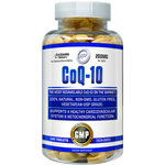 Clear bottle of yellow Hi tech pharmaceuticals coq10 with a blue and white label