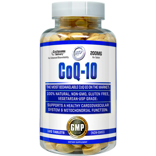 Clear bottle of yellow Hi tech pharmaceuticals coq10 with a blue and white label