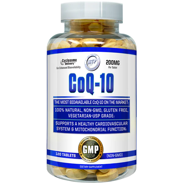 Clear bottle of yellow Hi tech pharmaceuticals coq10 with a blue and white label