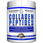 White Jar of Collagen Peptide powder with white and blue label