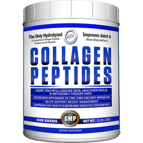 White Jar of Collagen Peptide powder with white and blue label