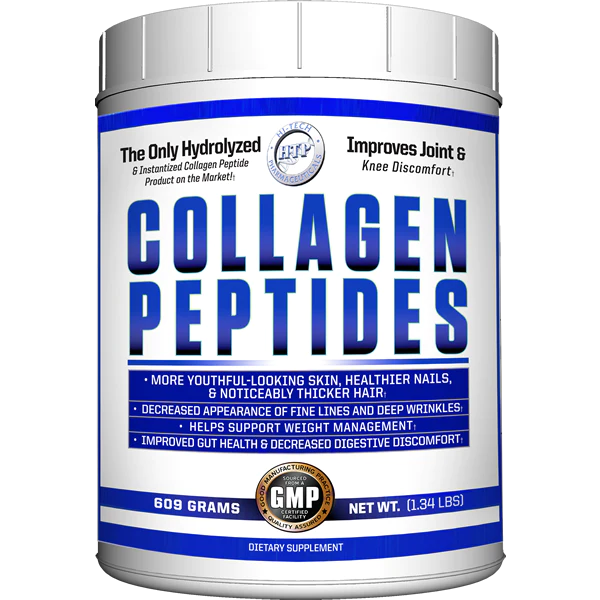 White Jar of Collagen Peptide powder with white and blue label
