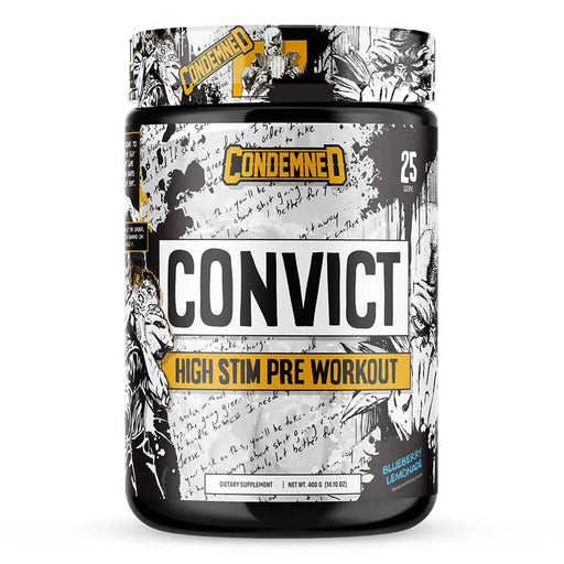 Condemned Labz Convict High Stim Pre Workout container, featuring a rugged black and white design with bold yellow accents. The label prominently displays the product name and highlights its intense stimulant properties.