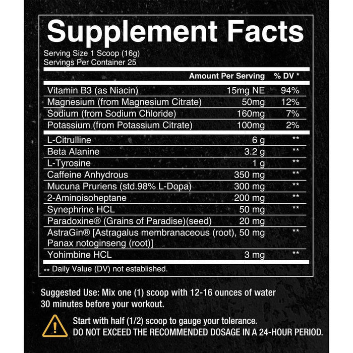 Supplement facts label for Condemned Labz Convict Pre Workout, listing ingredients such as L-Citrulline, Beta-Alanine, Caffeine Anhydrous, Mucuna Pruriens, and Yohimbine HCL, along with suggested use and dosage information.