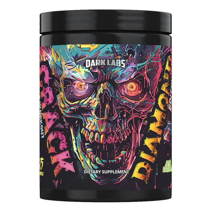 Front view of Dark Labs Crack Diamond Edition Pre-Workout container featuring a vibrant, neon-colored skull design with bold "Crack Diamond" text wrapping around the label.