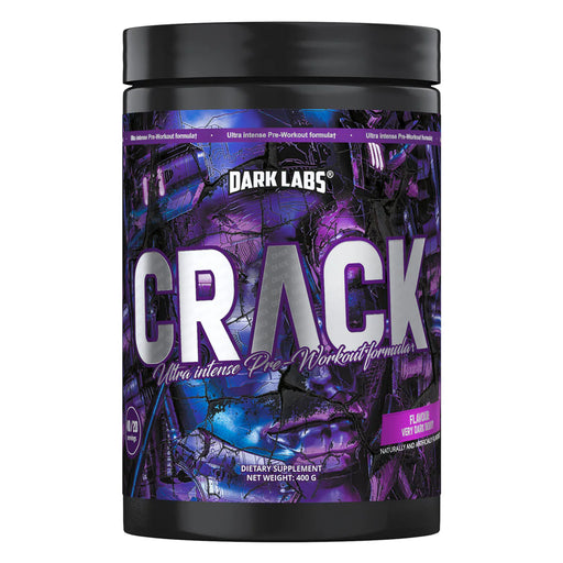 Dark Labs Crack Purple pre-workout container featuring bold, cracked futuristic armor design with metallic purple and black graphics. Label highlights the “Ultra Intense Pre-Workout Formula” and “Very Dark Berry” flavor.