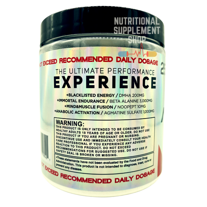 Another side of the Aventador Pre-Training container. The text "The Ultimate Performance Experience" is prominently displayed, followed by benefits like "Blacklisted Energy" and "Immortal Endurance." A warning about the product’s intended use for adults and a reminder not to exceed the recommended dosage are also included.