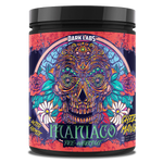 Dark Labs Maniaco Pre Workout in Cherry Mango flavor, featuring a bold psychedelic skull design with red and purple label artwork.