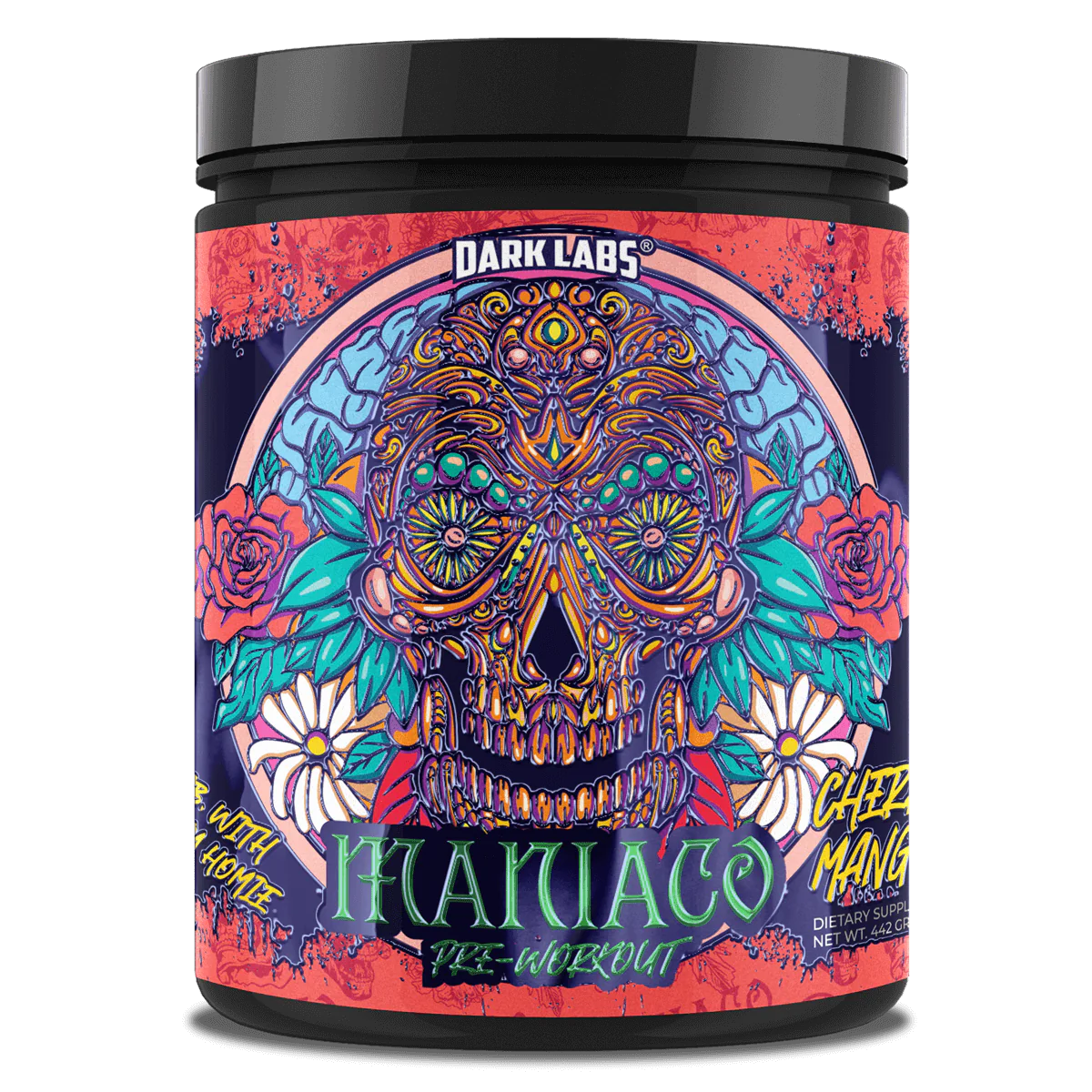 Dark Labs Maniaco Pre Workout in Cherry Mango flavor, featuring a bold psychedelic skull design with red and purple label artwork.
