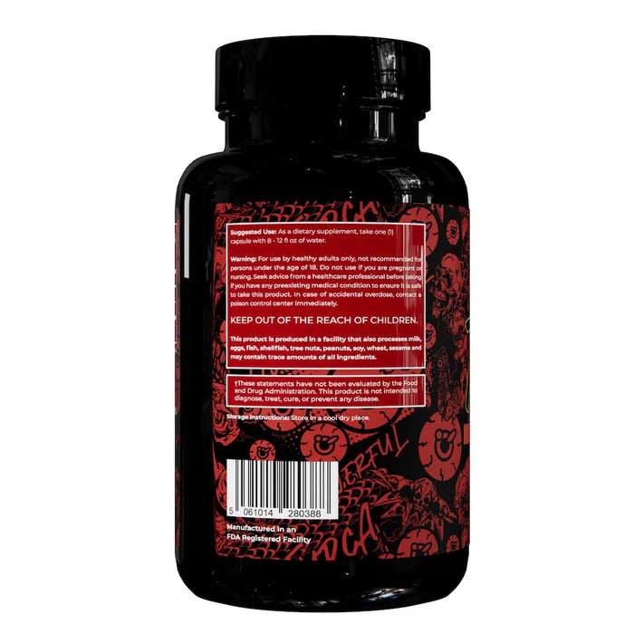 The side of the Dark Labs TUDCA bottle, displaying usage instructions, safety warnings, and storage guidelines, with the red and black label design.