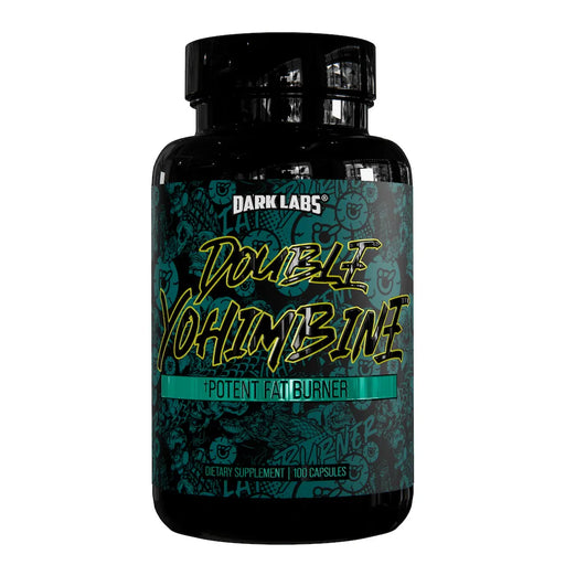 Dark Labs Double Yohimbine supplement bottle with a black lid and a black and teal label. The label features the product name 'Double Yohimbine' in bold yellow text, along with the description 'Potent Fat Burner.' The bottle contains 100 capsules.