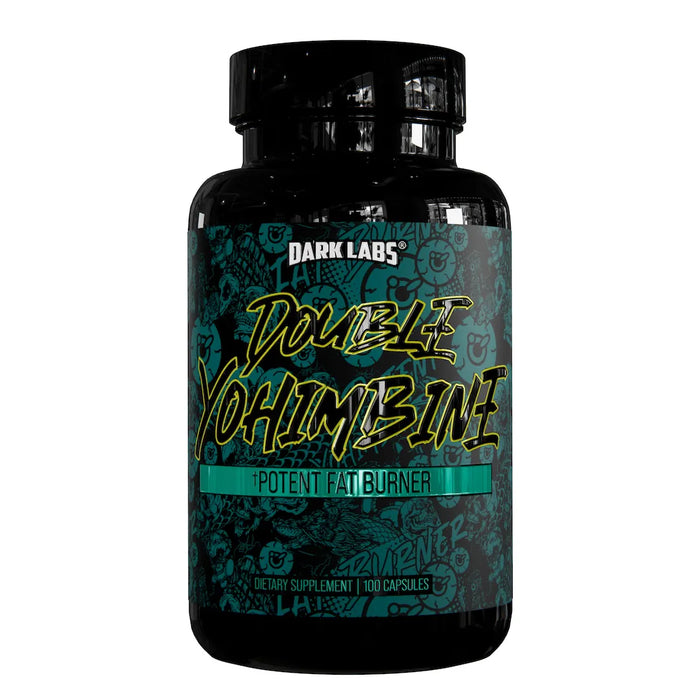 Dark Labs Double Yohimbine supplement bottle with a black lid and a black and teal label. The label features the product name 'Double Yohimbine' in bold yellow text, along with the description 'Potent Fat Burner.' The bottle contains 100 capsules.