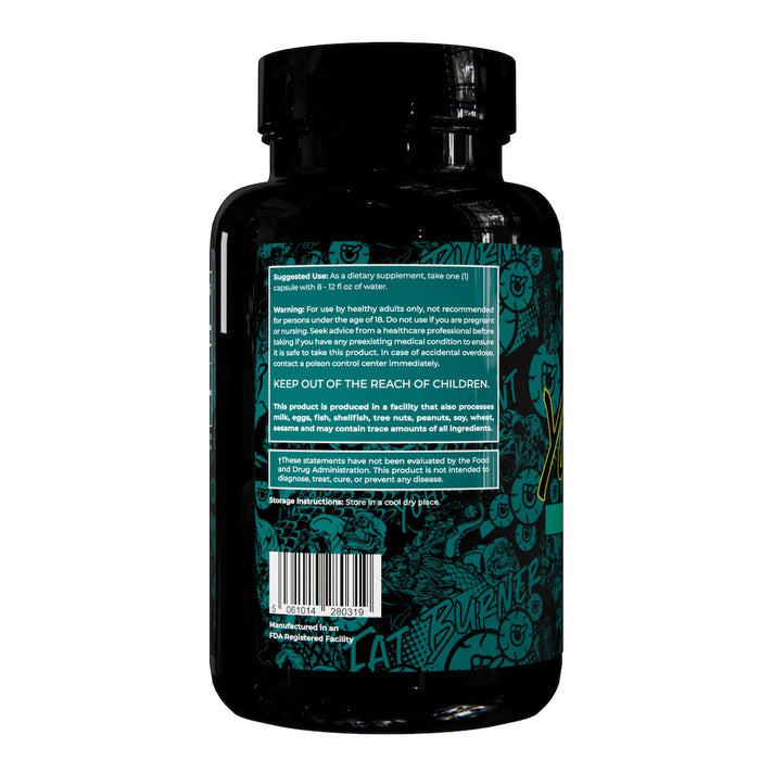 Side view of the Dark Labs Double Yohimbine supplement bottle, displaying the suggested use, warnings, and manufacturing details in white text on a black and teal patterned background.