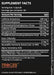 Nutritional supplement label detailing serving size, ingredients, and their dosages, including caffeine and other compounds.